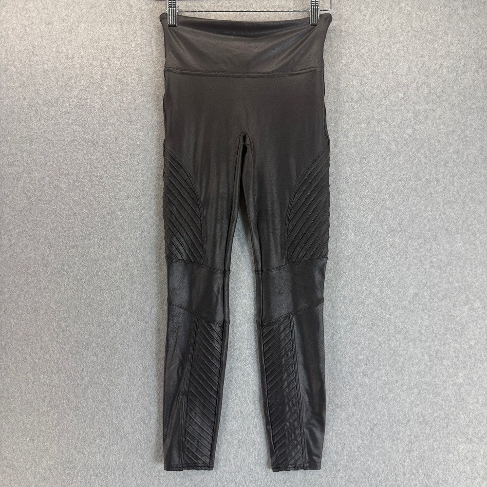 Spanx Moto Leggings Black Faux Leather High Waist Ribbed Women Size Petite Small